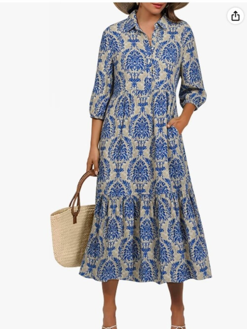 Anrabess blue and beige puff sleeve collared maxi dress